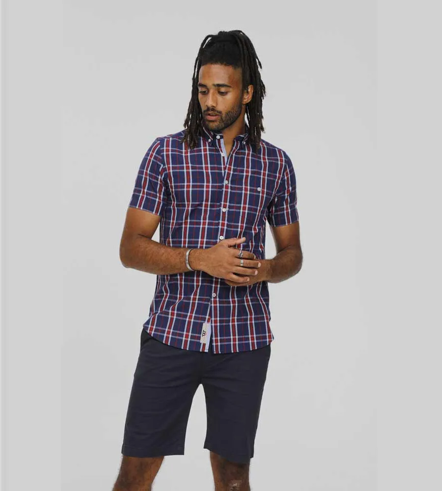 D555 Tall Mens Navy/Red Check Shirt With Short Sleeves (ROYSTON)